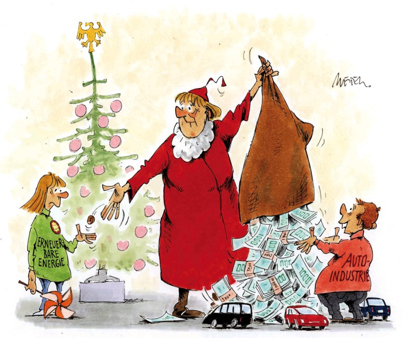 Karikatur Weihnachten Bescherung Autoindustrie