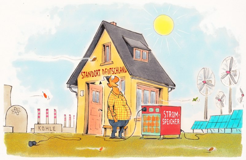 Karikatur Michel bei Sonne und Wind