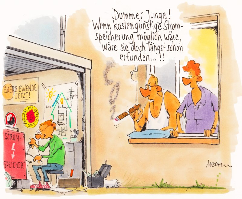 Karikatur Stromspeicher Erfindung 