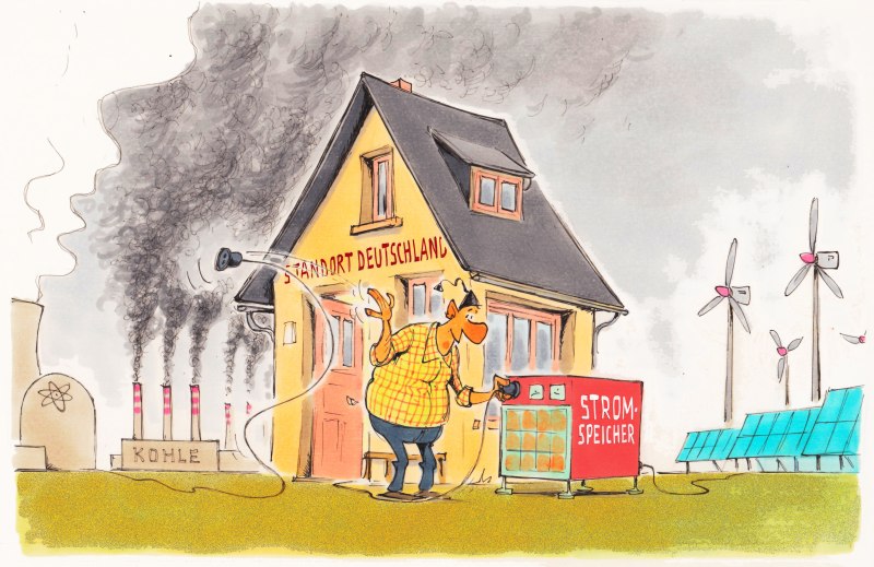 Karikatur Michel wirft Kabel weg