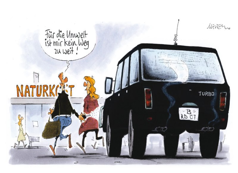 Karikatur Auto Naturkostladen