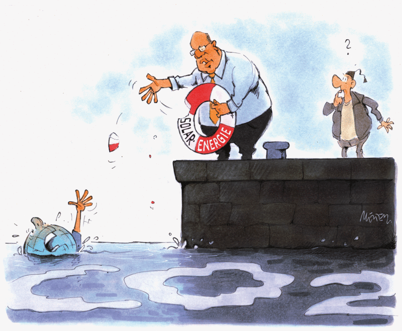 Karikatur Welt ertrinkt Solar Rettungsring