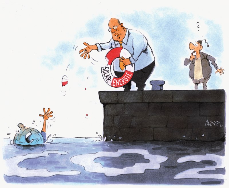 Karikatur Welt ertrinkt Solar Rettungsring