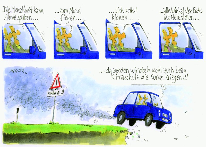 Karikatur Klimaschutz Bergklippe