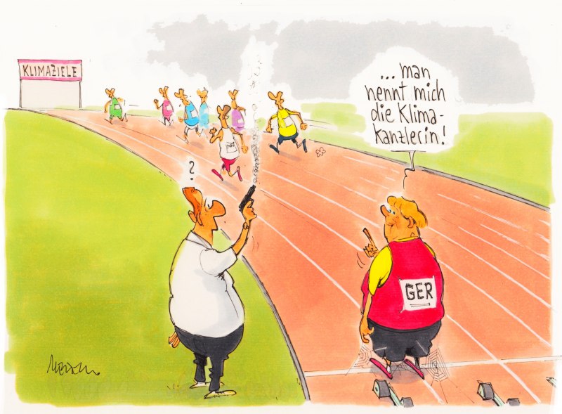 Karikatur Wettlauf Klimakanzlerin