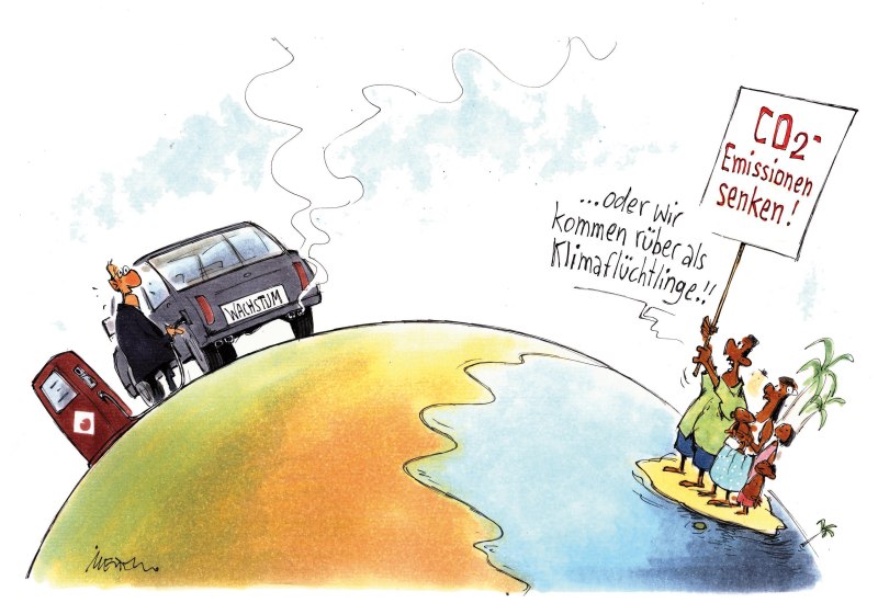 Karikatur CO2 Emissionen senken Klimaflüchtlinge